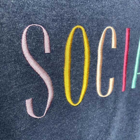 Wildfox Social Embroidered Spellout Sweatshirt Pullover Crewneck Blue Large Slit - Picture 5 of 12